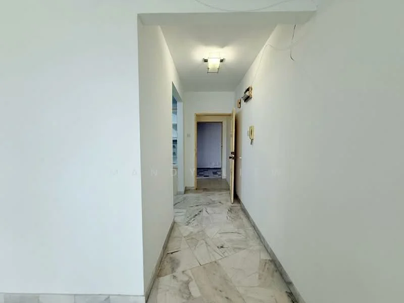 Hallway features: white painted walls, marble flooring, ceiling light fixture, doorway leading to other rooms, baseboards, neutral color scheme; style: modern.