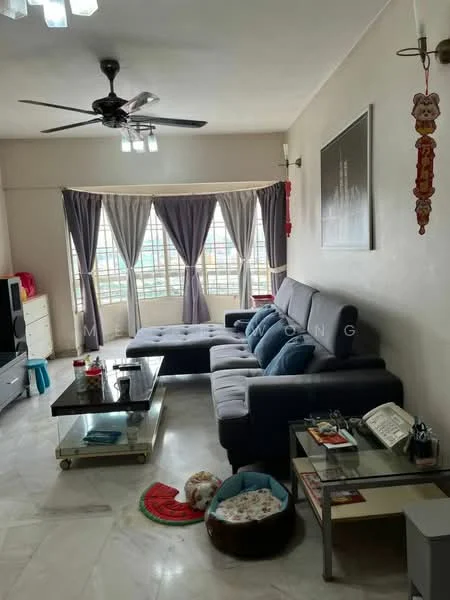 Living features: 3-seater fabric sofa in grey, L-shape sectional sofa, coffee table with glass top, TV console, wall-mounted TV, area rug, ceiling fan with light, floor-to-ceiling windows with sheer curtains, decorative wall art, marble flooring; style: modern; view: city.