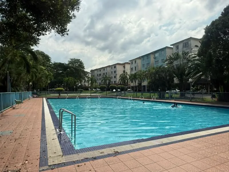 Exterior type: swimming pool deck; features: rectangular swimming pool, blue water, surrounding tiled deck, metal pool ladder, palm trees, manicured landscaping, residential buildings in background, fenced perimeter, sunny weather, cloudy sky; style: modern.