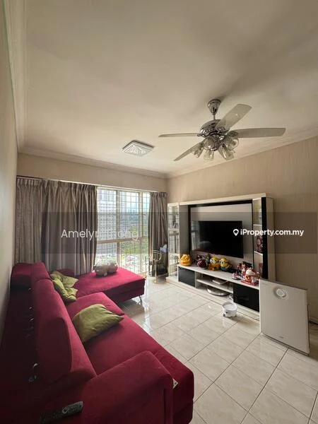 Living features: red fabric L-shape sectional sofa, green decorative cushions, white tiled flooring, ceiling fan with 5 blades, wall-mounted TV, black TV console, white air conditioning unit, floor-to-ceiling windows with sheer curtains, curtains in beige, decorative items on TV console; style: modern; view: city.