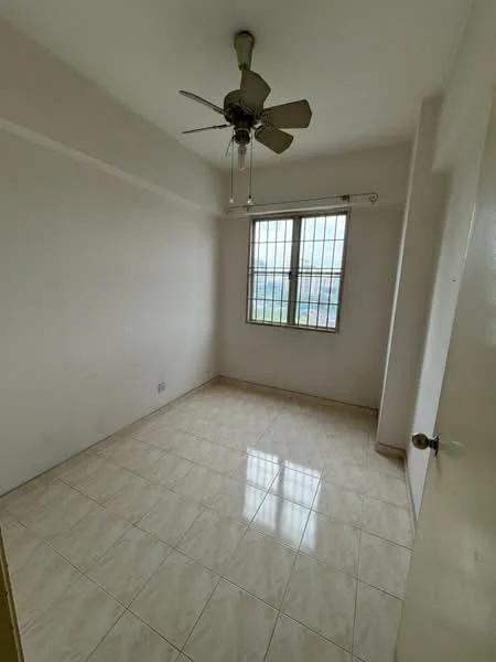 Bedroom features: white painted walls, glossy ceramic tile flooring, 5-blade ceiling fan, single window with metal grille, natural light from window, neutral color scheme, door with round handle.