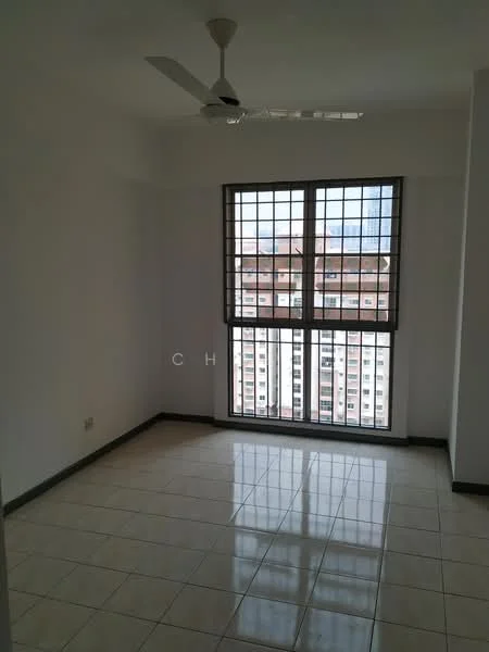 Room features: white painted walls, tiled flooring, ceiling fan, large windows with metal grilles, city view through windows; view: city.