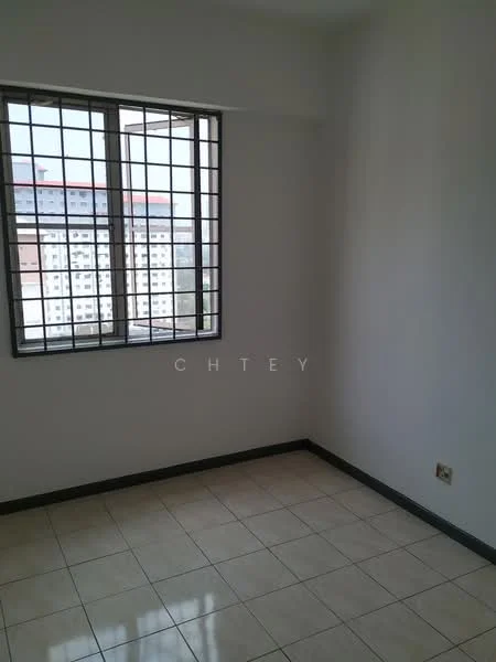 Room features: white painted walls, tile flooring, window with security grille, city view through window, neutral color scheme; style: modern; view: city.