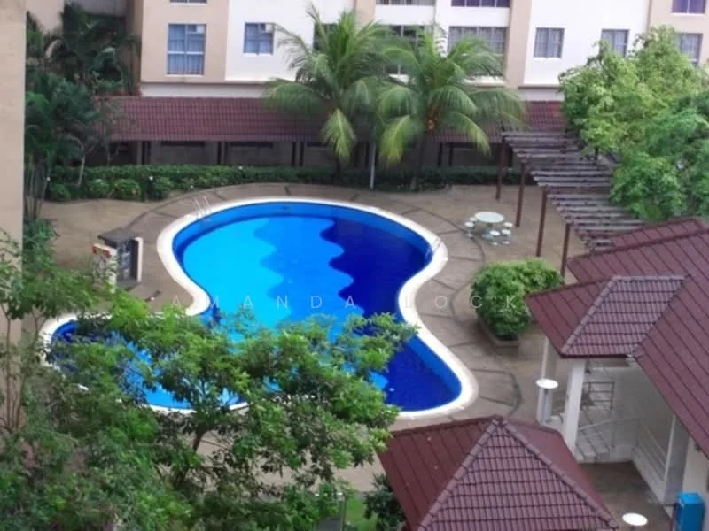 Exterior type: swimming pool deck; features: infinity pool, pool deck with loungers, surrounded by tropical landscaping, palm trees, manicured lawn, covered seating area with pergola, stone-paved walkway; style: tropical-modern.
