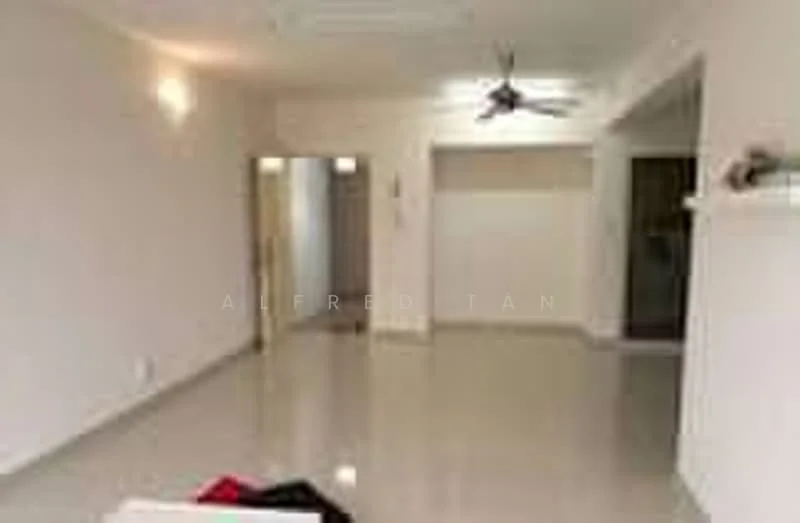 Living features: cream painted walls, polished tile flooring, 5-blade ceiling fan, recessed downlights, open layout, large entryway, neutral color scheme, no visible furniture; style: modern.