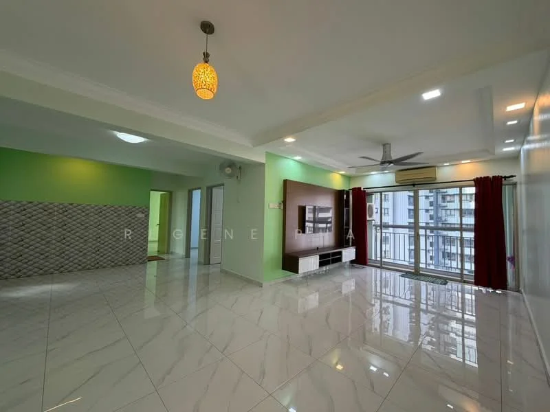 Living features: white painted walls, green accent wall, marble tile flooring, recessed downlights, 5-blade ceiling fan, wall-mounted TV, TV console, floor-to-ceiling windows, red curtains, sliding glass door, open layout, decorative pendant light; style: modern; view: city. Room features: white painted walls, marble tile flooring, recessed downlights.