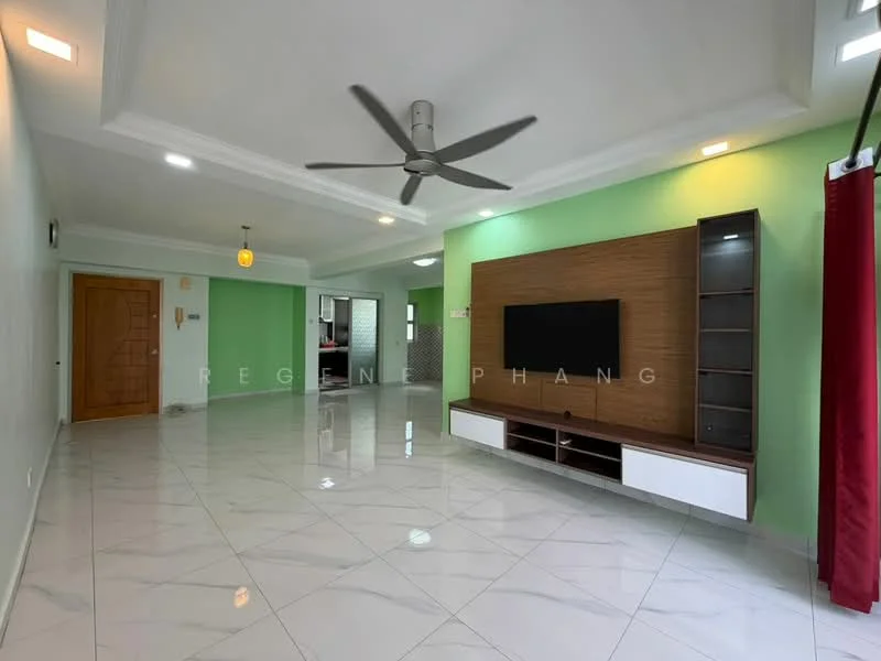 Living features: white painted walls, green accent wall, marble tile flooring, 5-blade ceiling fan with light, wall-mounted TV, wooden TV console, built-in shelving unit, recessed downlights, large windows with red curtains; style: modern.