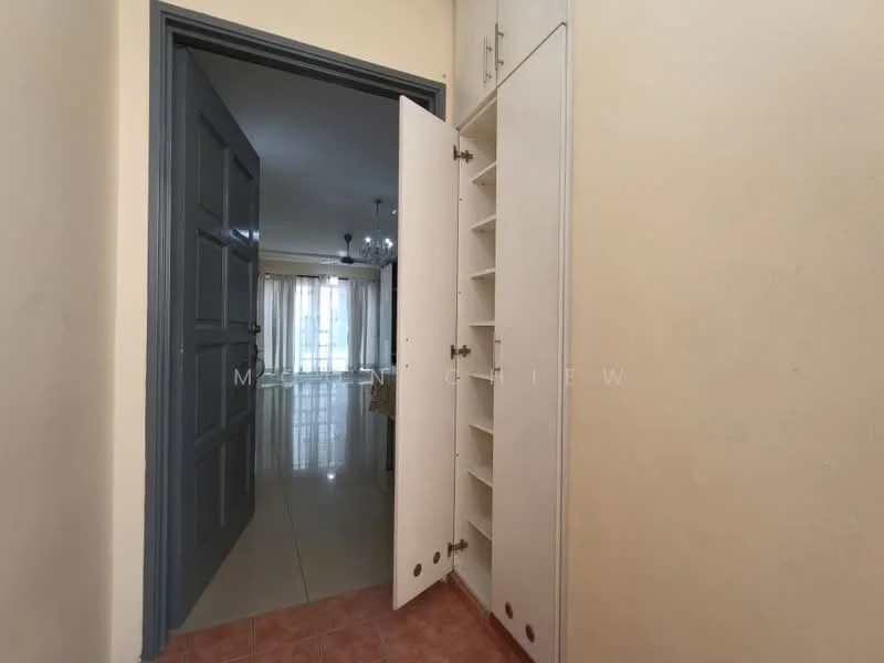 Room features: light-colored walls, tiled flooring, built-in shoe cabinet, double door, door frame with grey finish, neutral color scheme, ceiling light fixture, open space leading to another room; style: modern.