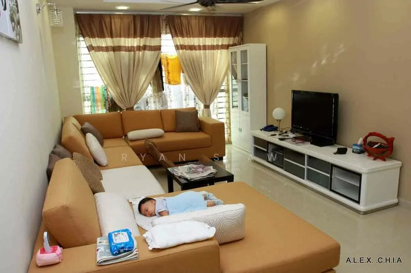 Living features: L-shape sectional sofa in beige, 2-seater fabric sofa, coffee table, TV console, wall-mounted TV, area rug, cream painted walls, white ceiling, recessed downlights, floor-to-ceiling windows with sheer curtains, light brown flooring, decorative wall art; style: modern.