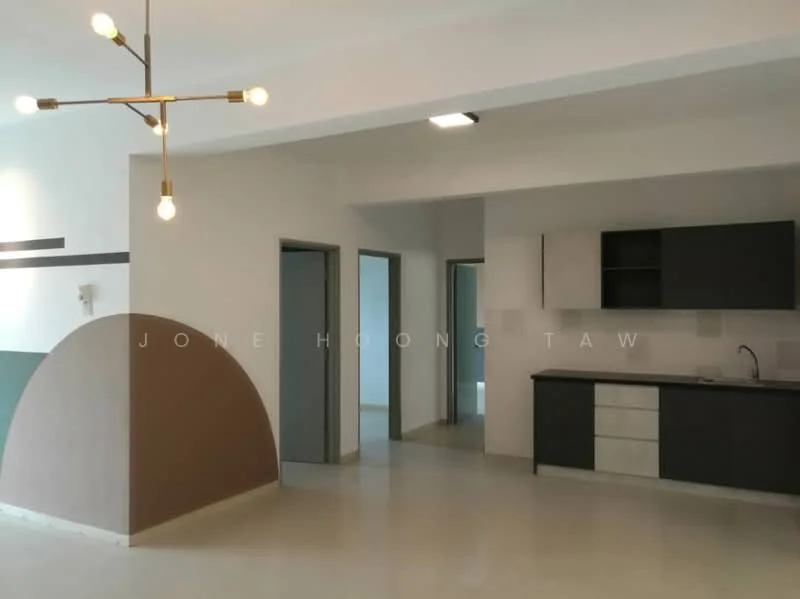 Living features: white painted walls, grey accent wall, polished concrete flooring, recessed downlights, modern pendant light fixture, kitchen cabinetry in dark grey and light grey, single-bowl stainless-steel sink, countertop with minimalistic design, open layout, doorways leading to other rooms; style: modern.