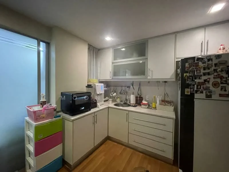 Kitchen features: white cabinetry with flat-panel doors, stainless-steel fridge, black countertop, built-in sink, chrome faucet, microwave, coffee machine, wooden flooring, under-cabinet lighting, wall-mounted cabinets, open shelving, colorful storage drawers, tile backsplash; style: modern.