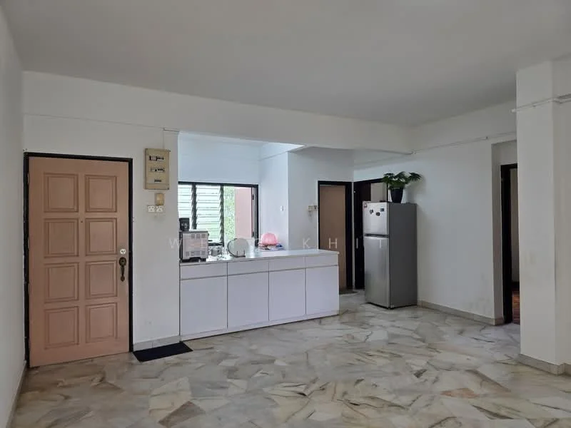 Room features: white painted walls, marble flooring, single-door fridge, built-in cabinetry, window with view to outside, light source from ceiling, door leading to outside, plant on countertop; style: modern; view: garden.