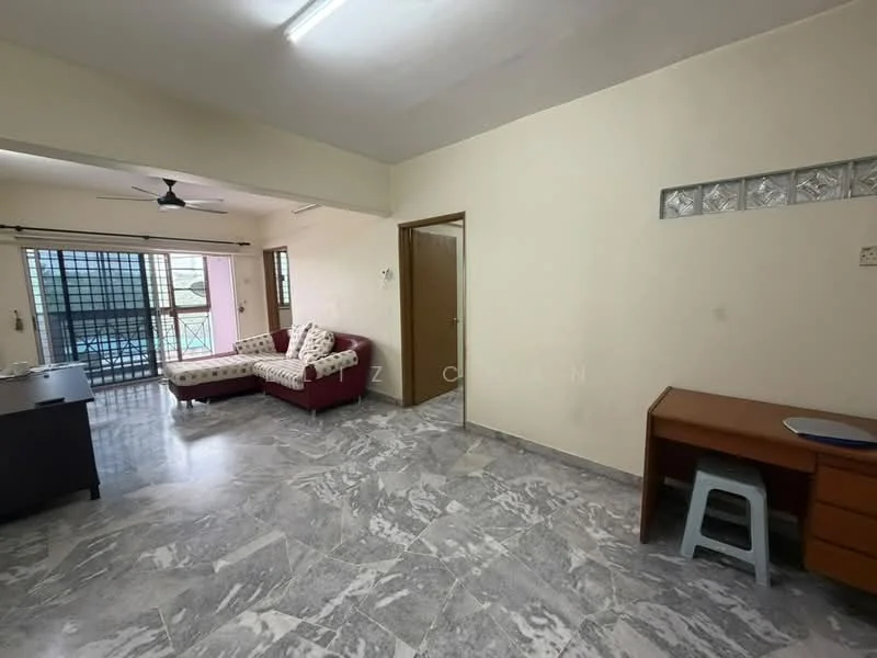 Living features: grey marble flooring, white painted walls, ceiling fan, sliding glass door, floor-to-ceiling windows, sofa in red fabric, coffee table, wooden side table, glass block wall feature, natural light from windows; style: modern.