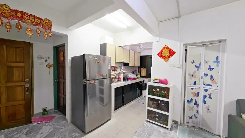 Kitchen features: stainless-steel fridge, black cabinetry, white countertop, ceramic tile flooring, wall-mounted cabinets, open shelving, kitchen sink, decorative wall art, fluorescent ceiling lights, glass door cabinet, decorative red banners; style: modern.