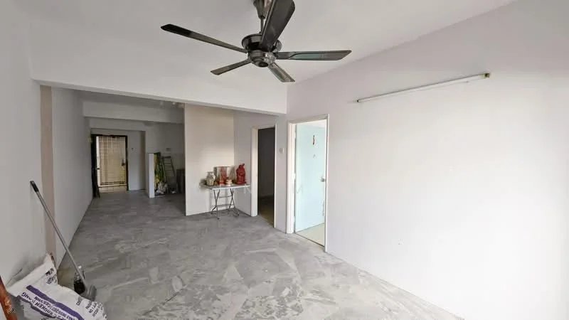 Living features: grey marble flooring, white painted walls, 5-blade ceiling fan, doorway leading to other rooms, light fixture on ceiling, open layout, window for natural light, minimalist decor; style: minimalist. Room features: grey marble flooring, white painted walls, doorway leading to bathroom, doorway leading to kitchen, light fixture on ceiling.