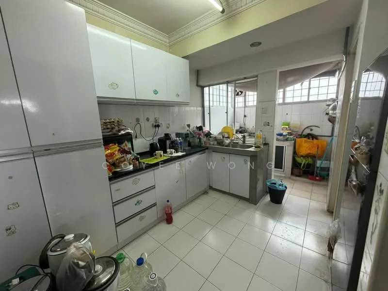 Kitchen features: white laminate cabinetry, grey countertop, double-bowl stainless-steel sink, chrome pull-down faucet, built-in oven, freestanding range oven, microwave, toaster, kettle, dishwasher, ceramic tile flooring, wall-mounted cabinets, window with grid pattern, open shelving, refrigerator, various kitchen utensils and appliances.