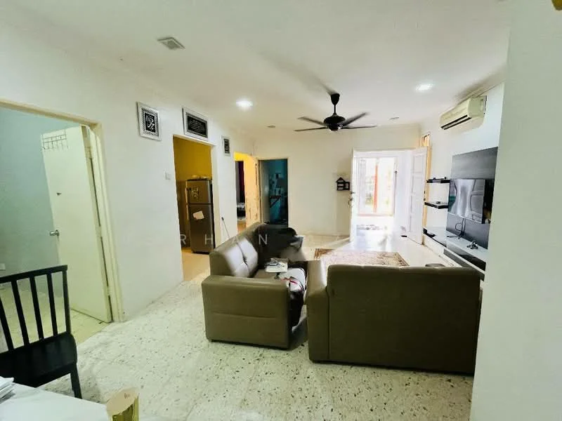 Living features: 2-seater leather sofa in brown, 3-seater fabric sofa in beige, coffee table, wall-mounted TV, TV console, ceiling fan, recessed downlights, cream painted walls, marble flooring, sliding glass door, area rug, decorative wall art; style: modern; view: garden. Room features: doorway leading to other rooms, light switch, white walls, air conditioning unit.