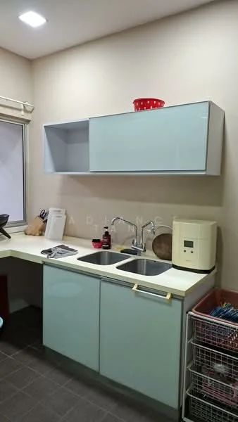 Kitchen features: light blue cabinetry, double-bowl stainless-steel sink, chrome pull-down faucet, white countertop, wall-mounted upper cabinet, kitchen utensils on countertop, built-in microwave, dish rack, grey tiled flooring, window with sheer curtains, red bowl on countertop; style: modern.