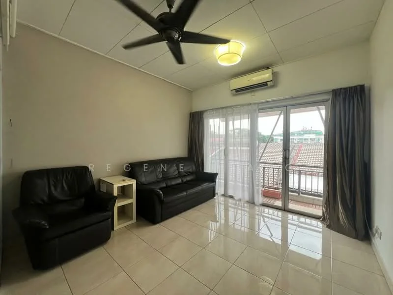 Living features: 2-seater leather sofa, 3-seater leather sofa, coffee table, floor-to-ceiling sliding glass door, sheer curtains, wall-mounted split AC, 5-blade ceiling fan with light, glossy tile flooring, neutral painted walls, balcony view; style: modern; view: city.