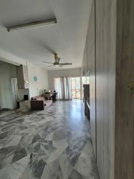 Room features: marble flooring, white painted walls, ceiling fan, large windows with sheer curtains, built-in cabinetry, open layout, dining table, sofa, work desk, natural light from windows; style: modern; view: garden.