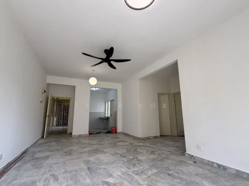 Living features: white painted walls, marble flooring, 5-blade ceiling fan, recessed ceiling light, open layout, large windows, neutral color scheme, spacious area; style: modern. Kitchen features: white painted walls, tile flooring, kitchen counter, window for natural light; style: modern. Room features: white painted walls, doorway leading to another room.