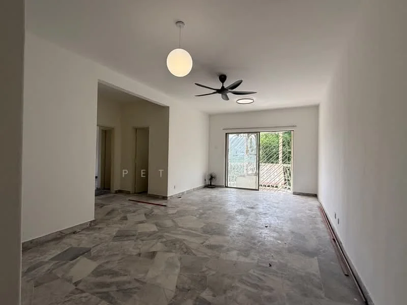 Living features: marble flooring, white painted walls, 5-blade ceiling fan, pendant light, sliding glass door, floor-to-ceiling windows, natural light, access to outdoor space; style: modern; view: garden. Room features: white painted walls, doorway leading to other rooms.