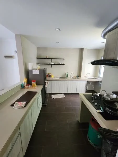 Kitchen features: green cabinetry, white countertop, stainless-steel fridge, built-in gas stove, exhaust hood, sink with faucet, open shelving, tile backsplash, dark tile flooring, window for natural light, kitchen towel on counter, cooking utensils on countertop; style: modern.