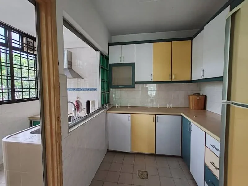 Kitchen features: L-shaped kitchen layout, white cabinetry with green and yellow accents, laminate countertop, stainless-steel sink, single-bowl stainless-steel sink, built-in oven, ceramic tile backsplash, window above sink, floor-to-ceiling windows, grey tiled flooring, kitchen appliances visible, open shelving, wooden storage container; style: modern; view: garden.