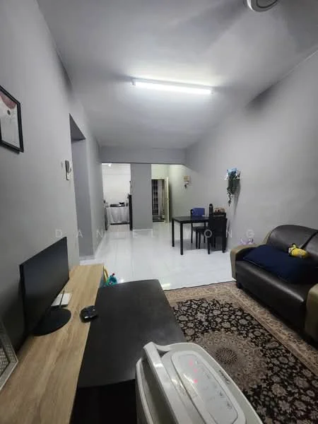 Living features: grey painted walls, white ceiling, recessed lighting, 3-seater leather sofa, wooden coffee table, TV console, area rug with geometric pattern, decorative wall clock, floor tiles, air conditioning unit; style: modern. Room features: white tiled flooring, open layout to kitchen, dining table, kitchen visible in background.