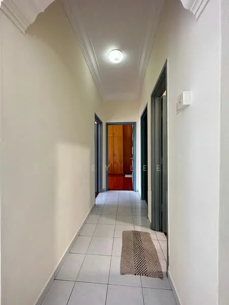 Hallway features: white painted walls, grey tiled flooring, recessed ceiling light, door frames in grey, doorway openings, matte finish on walls, baseboards, carpet runner.