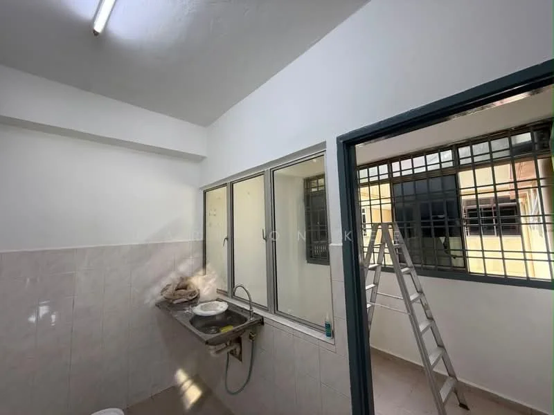 Laundry features: white painted walls, tile flooring, single-bowl stainless-steel sink, chrome faucet, window with metal grille, light fixture on ceiling, ladder against wall.