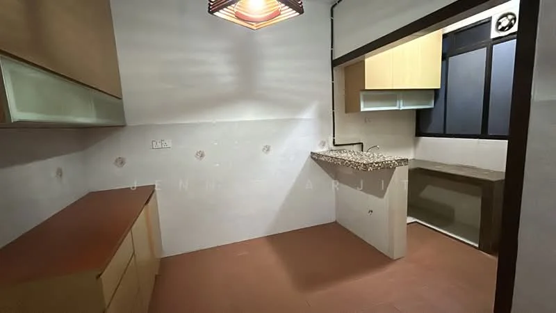 Kitchen features: brown laminate cabinetry, granite countertop, single-bowl stainless-steel sink, chrome pull-down faucet, tile backsplash, window with black frame, light fixture with pendant, brown tiled flooring; style: modern.