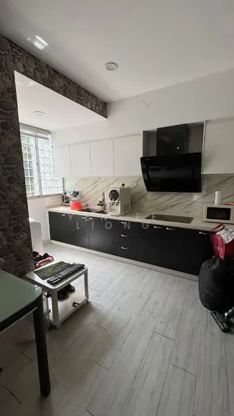 Kitchen features: black cabinetry, white upper cabinets, marble countertop, stainless-steel sink, chrome pull-down faucet, built-in oven, stainless-steel range hood, ceramic tile backsplash, recessed downlights, window with grid pattern, light wood-look flooring, kitchen island, appliances visible, open shelving; style: modern.