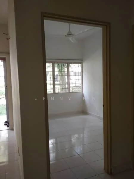 Room features: white painted walls, white tiled flooring, ceiling fan, large windows with grid pattern, natural light, doorway leading to another room, view of greenery outside; view: garden.