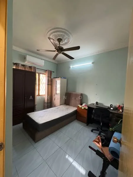 Bedroom features: single bed, upholstered headboard, ceiling fan with light, wooden wardrobe, study desk with chair, window with curtains, light blue painted walls, white tiled flooring, decorative ceiling rose, wall-mounted LED light.