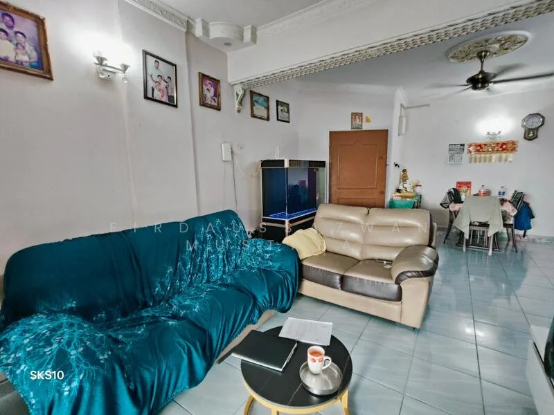 Living features: teal fabric sofa, beige leather sofa, round coffee table, wall-mounted TV, white painted walls, glossy tile flooring, ceiling fan with light, decorative wall clock, framed photographs on walls, dining area visible in background, dining table with chairs; style: modern.
