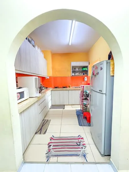 Kitchen features: light grey cabinetry, orange tiled backsplash, white countertop, stainless-steel fridge, built-in gas stove, microwave, ceramic tile flooring, recessed ceiling lights, kitchen rug, open shelving, sink, wall-mounted cabinets; style: modern.