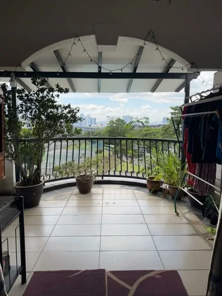 Balcony features: tiled flooring, metal railing, potted plants, clothes drying rack, outdoor view, string lights, curved ceiling, open space; view: city.