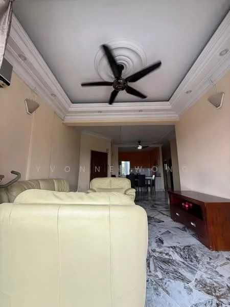Living features: cream leather sofa, marble flooring, 5-blade ceiling fan with light, recessed downlights, crown moulding, wooden TV console, wall-mounted air conditioning unit, open layout to dining area; style: modern.
