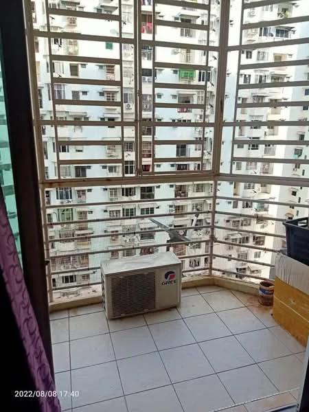 Balcony features: tiled flooring, sliding glass door, window grills, wall-mounted air conditioning unit, city view, curtains, outdoor storage box; view: city.