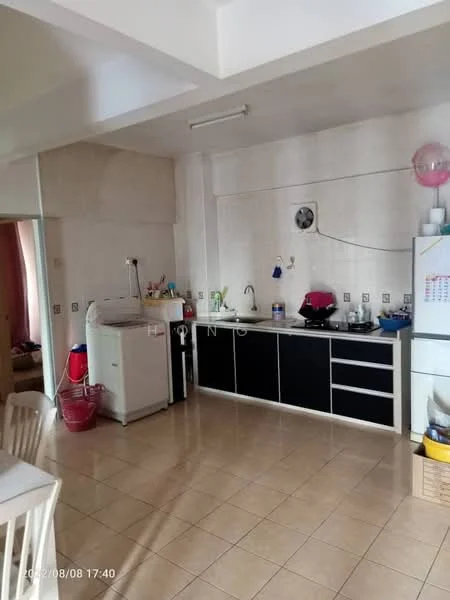 Kitchen features: white tiled walls, cream tiled flooring, black cabinetry with flat-panel doors, stainless-steel sink, chrome pull-down faucet, built-in stove, refrigerator, washing machine, open shelving, window with ventilation fan, dining table with chairs; style: modern.