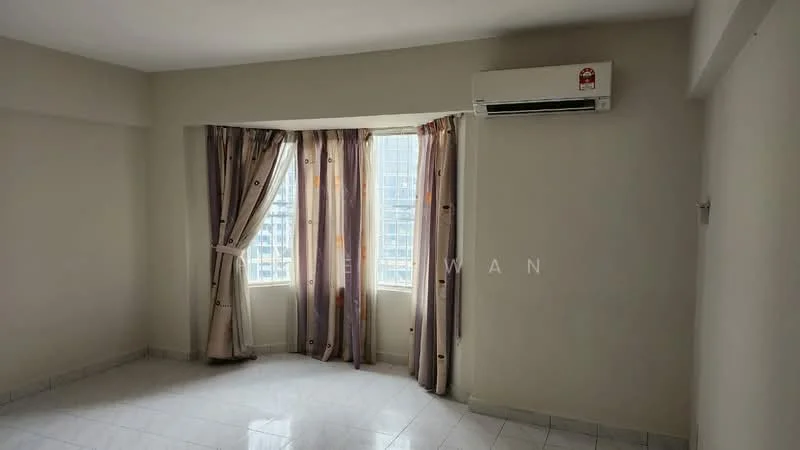 Room features: white painted walls, grey tiled flooring, floor-to-ceiling windows, sheer curtains, air conditioning unit, corner window, natural light, neutral color scheme; style: modern; view: city.
