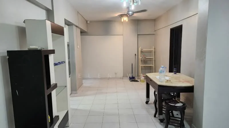 Room features: white painted walls, tile flooring, ceiling fan, recessed lighting, wooden dining table, wooden stool, open shelving unit, cleaning supplies visible, empty space, neutral color scheme; style: modern.