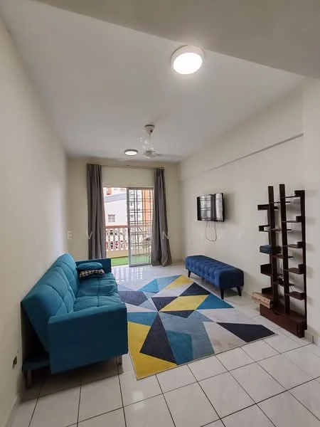 Living features: blue fabric sofa, blue upholstered ottoman, wall-mounted TV, white tiled flooring, ceiling fan, recessed ceiling lights, grey curtains, area rug with geometric pattern, open balcony view; style: modern; view: city.
