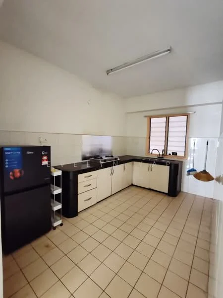 Kitchen features: black granite countertop, white shaker cabinets, stainless-steel sink, chrome pull-down faucet, built-in gas stove, exhaust hood, black fridge, tile flooring, window with wooden frame, wall-mounted shelving unit; style: modern.