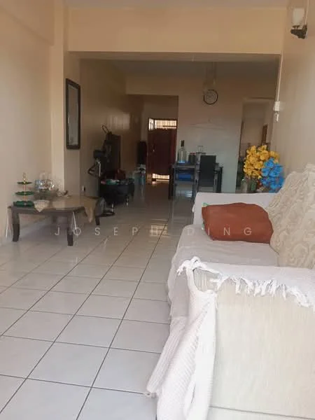 Living features: white painted walls, ceramic tile flooring, 3-seater fabric sofa in cream, wooden coffee table, decorative wall mirror, area rug, decorative plants, wall clock, floor lamp; style: modern. Room features: open layout, dining area visible in background, doorway leading to other rooms.