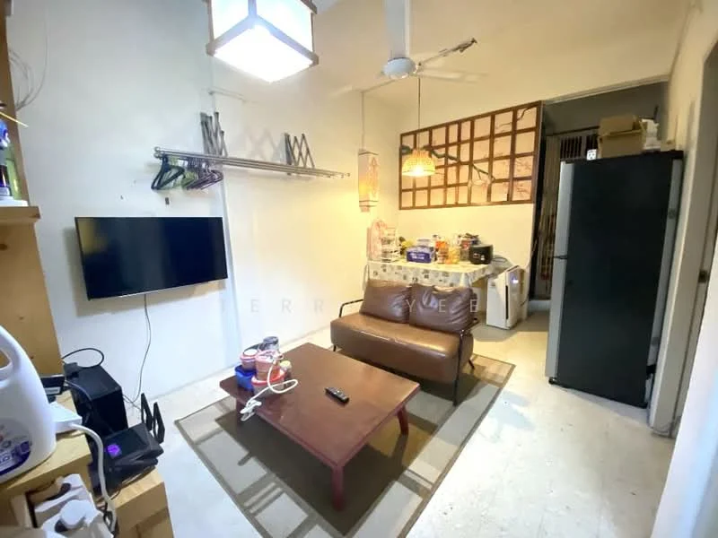 Living features: light-colored walls, ceiling fan, wall-mounted TV, brown leather sofa, wood coffee table, area rug, shelving unit, decorative wall with photo frames, refrigerator, washing machine, dining table with chairs, window with curtains; style: modern.