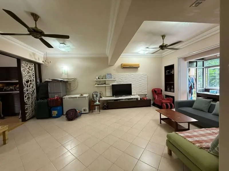 Living features: cream painted walls, tray ceiling, 2 ceiling fans, tile flooring, large window with garden view, wall-mounted TV, wooden TV console, red recliner chair, 3-seater fabric sofa in grey, coffee table, decorative wall panel, air conditioning unit; style: contemporary; view: garden. Kitchen features: dark cabinetry, countertop, refrigerator, sink, kitchen appliances.