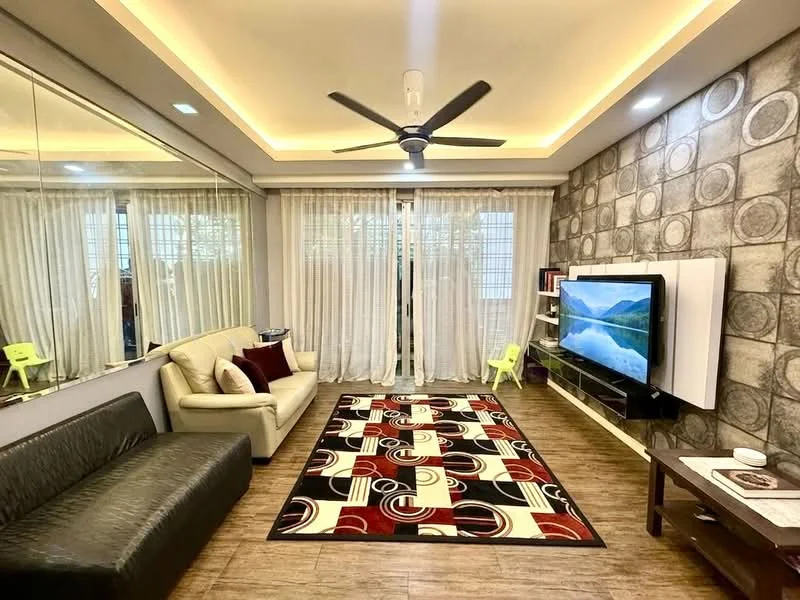 Living features: 3-seater fabric sofa in cream, 2-seater leather sofa in black, area rug with geometric pattern in red, black, and cream, wall-mounted TV, TV console, feature wall with circular pattern, floor-to-ceiling windows with sheer curtains, recessed downlights, ceiling fan with light, wooden flooring; style: modern.
