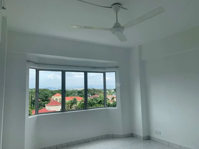 Room features: large bay window, white painted walls, ceiling fan, tile flooring, natural light, view of surrounding houses, greenery visible outside, corner room layout; style: modern; view: garden.